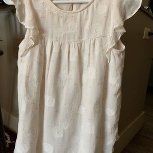 LOFT flutter sleeve white top with gold dots.